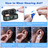Rechargeable In-the-Ear Hearing Aids with Charging Case and LCD Display – Ultra-Compact Sound Amplifier for Seniors (Black & Green Case, Red & Blue Device) - 45-Degree Angle