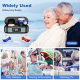 Rechargeable In-the-Ear Hearing Aids with Charging Case and LCD Display – Ultra-Compact Sound Amplifier for Seniors (Black & Green Case, Red & Blue Device) - Rear View