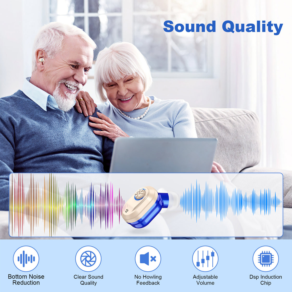Rechargeable In-the-Ear Hearing Aids with Charging Case and LCD Display – Ultra-Compact Sound Amplifier for Seniors (Black & Green Case, Red & Blue Device)