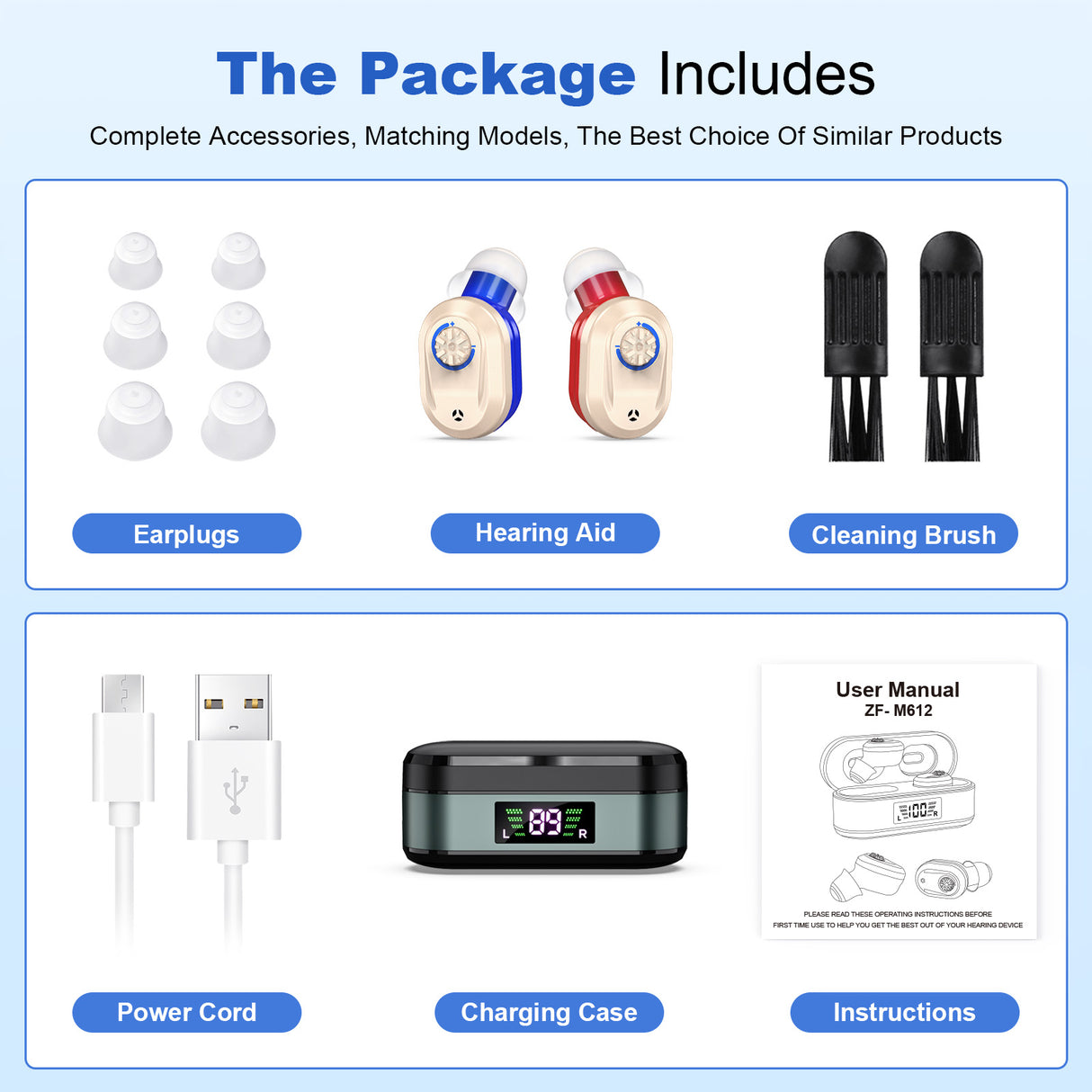 Rechargeable In-the-Ear Hearing Aids with Charging Case and LCD Display – Ultra-Compact Sound Amplifier for Seniors (Black & Green Case, Red & Blue Device)