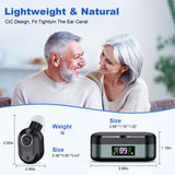 Rechargeable In-the-Ear Hearing Aids with Charging Case and LCD Display – Ultra-Compact Sound Amplifier for Seniors (Black & Green Case, Black Device) - Side View
