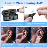 Rechargeable In-the-Ear Hearing Aids with Charging Case and LCD Display – Ultra-Compact Sound Amplifier for Seniors (Black & Green Case, Black Device) - 45-Degree Angle