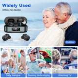 Rechargeable In-the-Ear Hearing Aids with Charging Case and LCD Display – Ultra-Compact Sound Amplifier for Seniors (Black & Green Case, Black Device) - Rear View