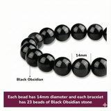 14mm Natural Black Obsidian Beaded Bracelet for Men and Women – Stretchable Healing Crystal Jewelry with Elastic Band, Protective Energy Stone Gift for Birthday, Valentine’s Day, Meditation (Black) - Front View