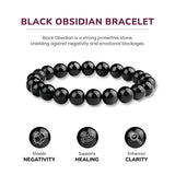 8mm Natural Black Obsidian Beaded Bracelet for Men and Women – Stretchable Healing Crystal Jewelry with Elastic Band, Protective Energy Stone Gift for Birthday, Valentine’s Day, Meditation (Black)