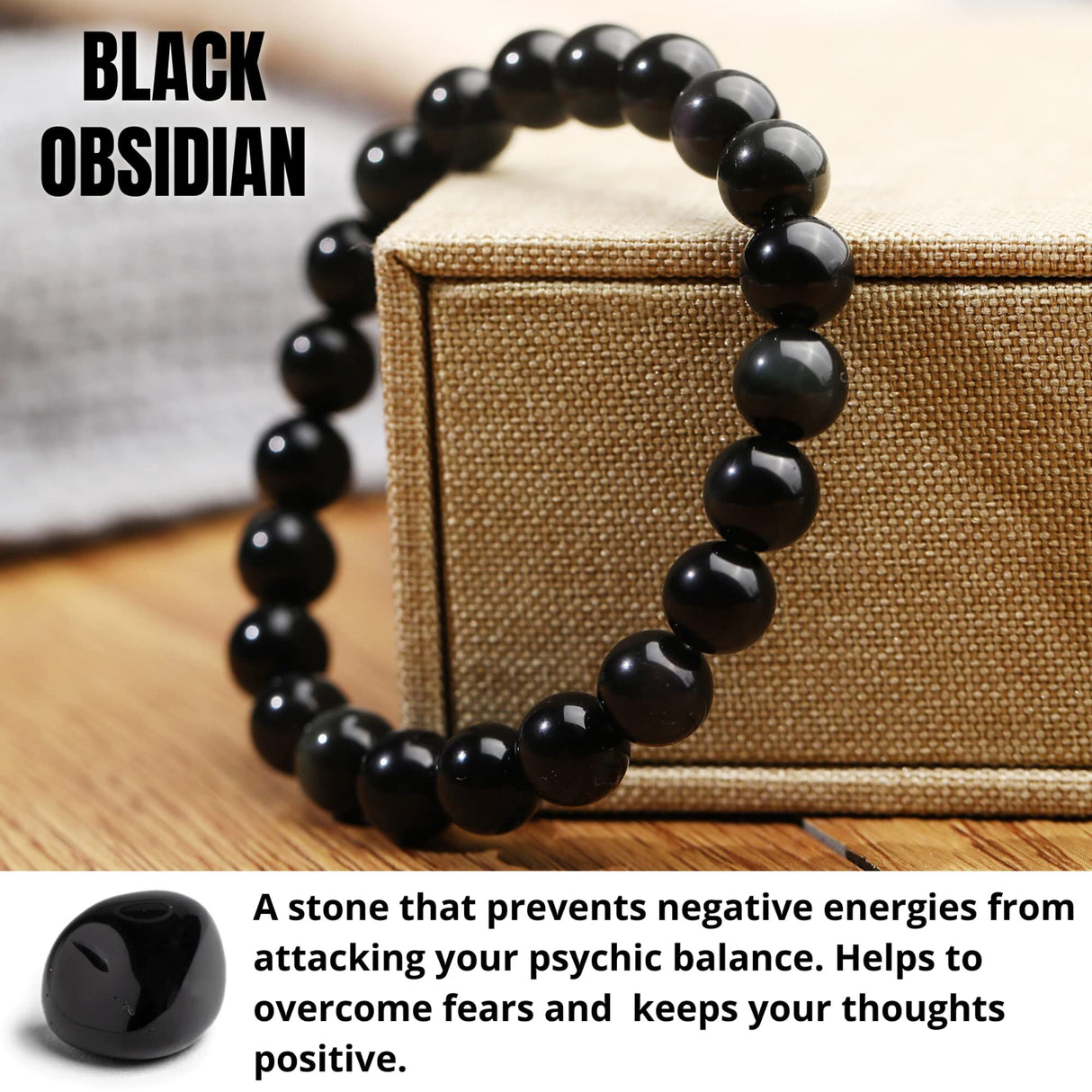 8mm Natural Black Obsidian Beaded Bracelet for Men and Women – Stretchable Healing Crystal Jewelry with Elastic Band, Protective Energy Stone Gift for Birthday, Valentine’s Day, Meditation (Black)