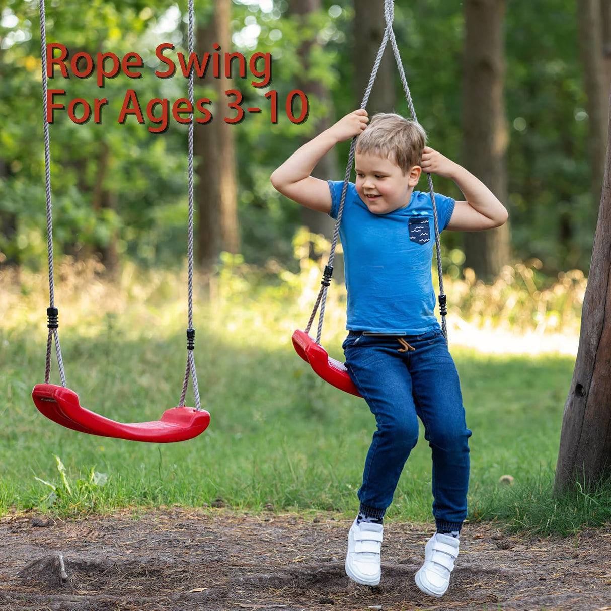 Outdoor Kids Plastic Swing Seat with Adjustable Rope – Durable Tree Swing for Backyard, 220lb Capacity, Red (Red)