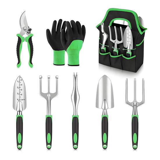 Complete 8-Piece Garden Tool Set with Carry Bag – Stainless Steel & Aluminum Tools for Digging, Prun