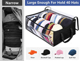 Large Capacity Foldable Hat Organizer Storage Box with Clear See-Through Window for Baseball Caps, Clothes, Toys, and Books, Underbed and Closet Container (Black) - Front View