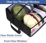 Large Capacity Foldable Hat Organizer Storage Box with Clear See-Through Window for Baseball Caps, Clothes, Toys, and Books, Underbed and Closet Container (Black)
