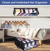 Large Capacity Foldable Hat Organizer Storage Box with Clear See-Through Window for Baseball Caps, Clothes, Toys, and Books, Underbed and Closet Container (Black) - Rear View