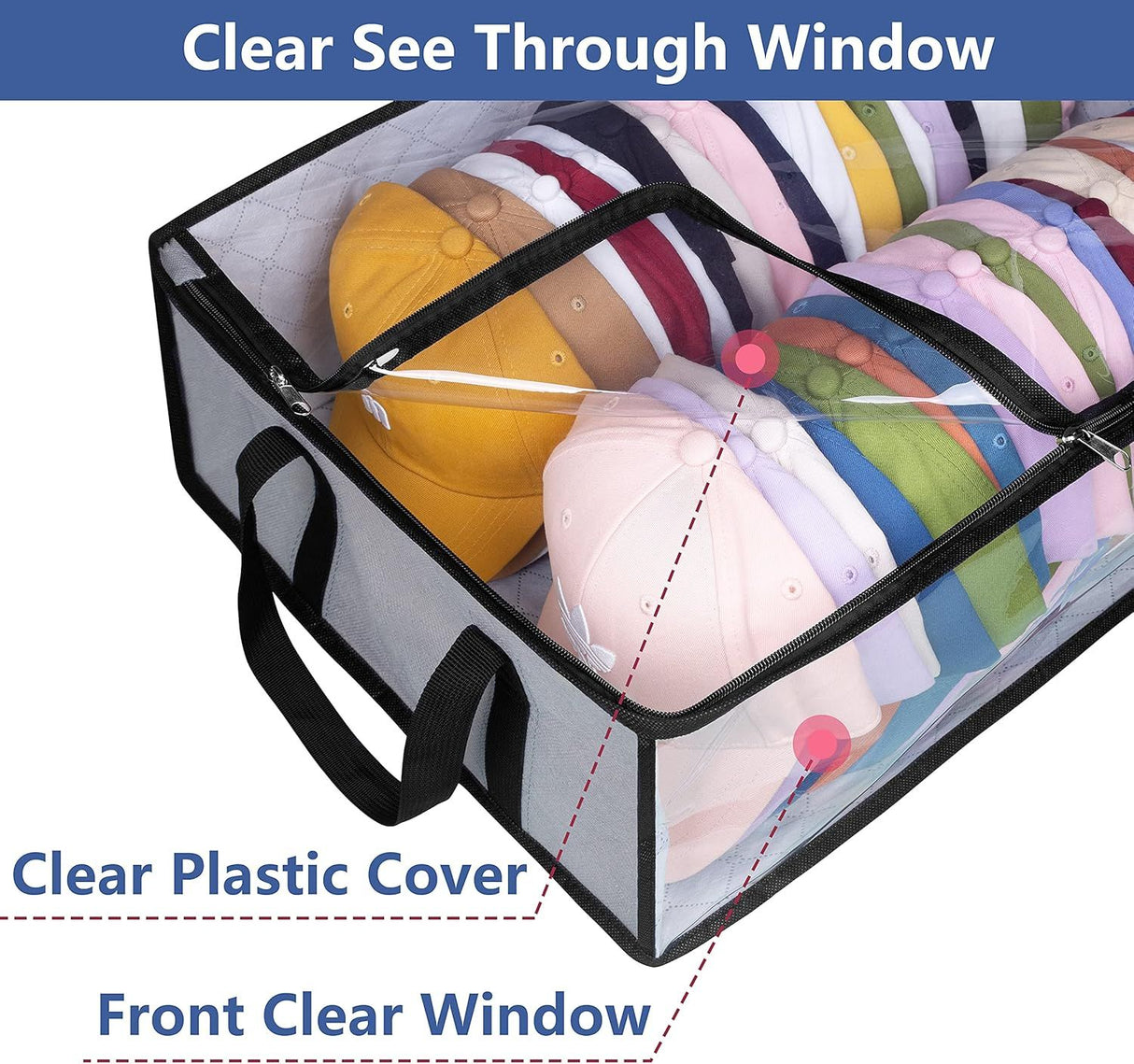Large Capacity Foldable Hat Organizer Storage Box with Clear See-Through Window for Baseball Caps, Clothes, Toys, and Books, Underbed and Closet Container (Grey)
