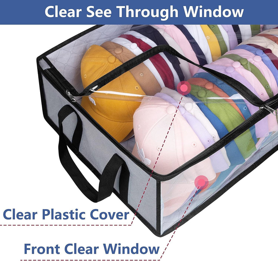 Large Capacity Foldable Hat Organizer Storage Box with Clear See-Through Window for Baseball Caps, Clothes, Toys, and Books, Underbed and Closet Container (Grey)
