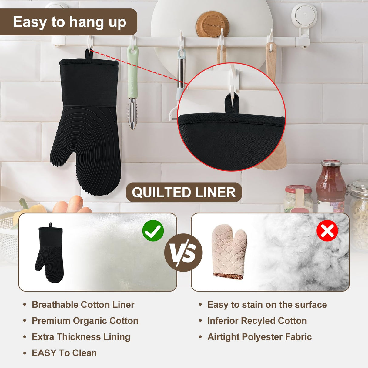 Premium Silicone Oven Mitts – Heat Resistant Up to 500°F, Non-Slip Grip, Easy to Clean, Food Grade & BPA-Free, Ideal for Grilling, Baking, Cooking, Microwave Use (Black)