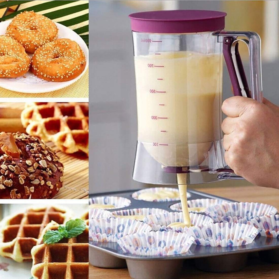 Batter Dispenser with Measuring Marks – 900ml Cake Mix Pourer for Cupcakes, Pancakes, Muffins, Waffles & More (Purple)