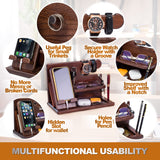 Wooden Desk Organizer for Men – Multi-Function Phone Stand, Watch & Glasses Holder, Key & Wallet Tray (Vintage Brown) - Side View