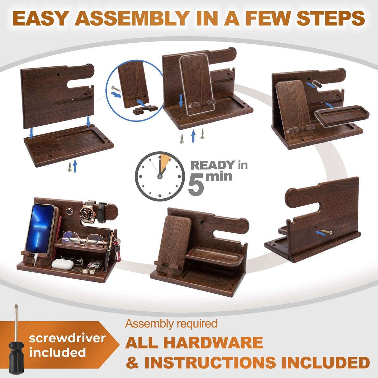 Wooden Desk Organizer for Men – Multi-Function Phone Stand, Watch & Glasses Holder, Key & Wallet Tray (Vintage Brown)