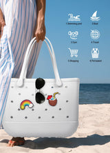 EVA Beach Tote Bag for Swimming, Pool & Travel – Waterproof Washable Rubber Handbag with 2 Random Charms, Lightweight & Sand-Resistant (White)  | Other Colors Available in Store - Top-Down View