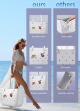 EVA Beach Tote Bag for Swimming, Pool & Travel – Waterproof Washable Rubber Handbag with 2 Random Charms, Lightweight & Sand-Resistant (White)  | Other Colors Available in Store - 45-Degree Angle