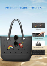 EVA Beach Tote Bag for Swimming, Pool & Travel – Waterproof Washable Rubber Handbag with 2 Random Charms, Lightweight & Sand-Resistant (Black) | Other Colors Available in Store - 45-Degree Angle