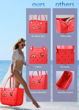 EVA Beach Tote Bag for Swimming, Pool & Travel – Waterproof Washable Rubber Handbag with 2 Random Charms, Lightweight & Sand-Resistant (Red) | Other Colors Available in Store - Side View