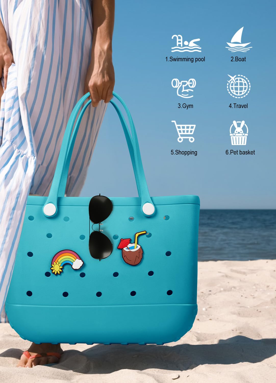 EVA Beach Tote Bag for Swimming, Pool & Travel – Waterproof Washable Rubber Handbag with 2 Random Charms, Lightweight & Sand-Resistant (Blue) | Other Colors Available in Store