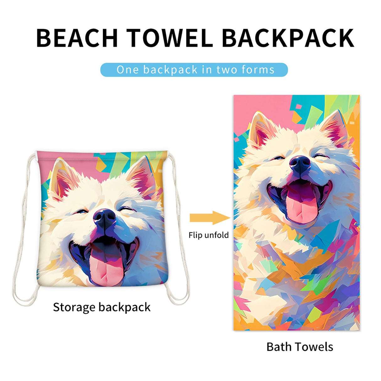Dual-Function Foldable Beach Towel with Built-in Backpack – Soft Microfiber Towel & Compact Carry Bag in One, 55-Inch Large Size for Swimming, Travel,