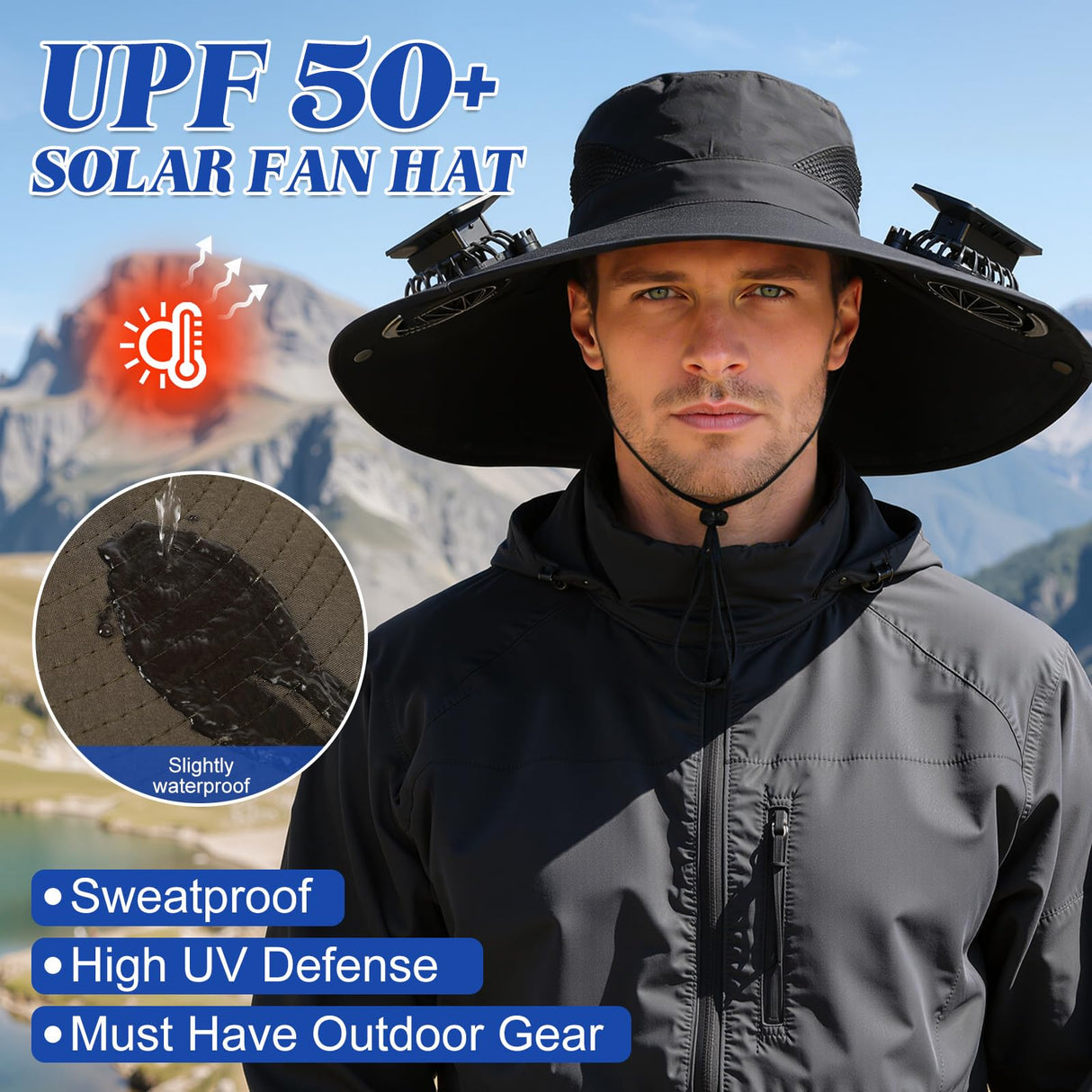 Solar-Powered Dual-Fan Sun Hat – UPF 50+ Wide-Brim Outdoor Hat with 2 USB/Solar Rechargeable Fans, Adjustable Strap, Breathable Mesh, for Fishing, Hiking, Beach & Gardening; Unisex Cooling Cap with 800mAh Battery (Grey)