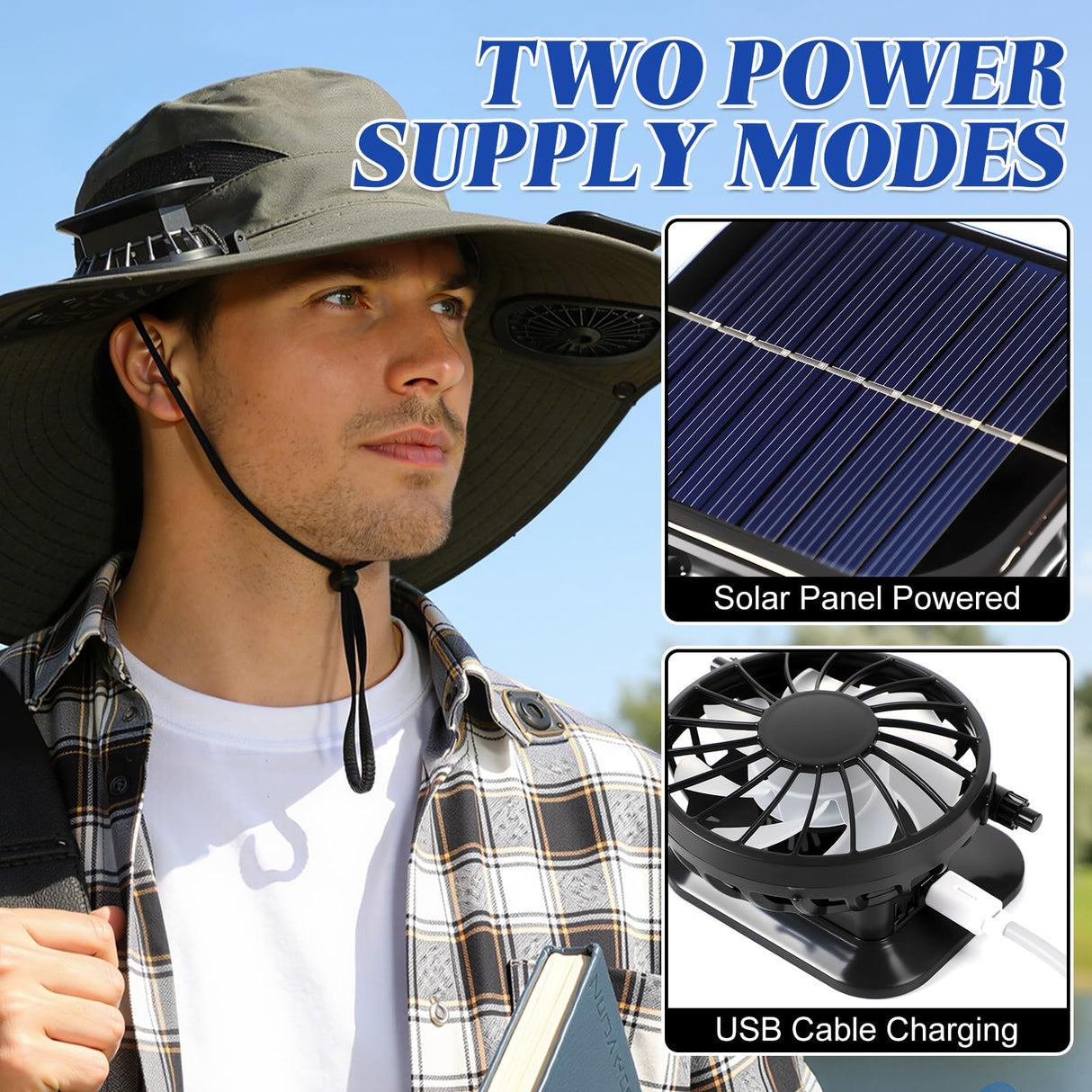 Solar-Powered Dual-Fan Sun Hat – UPF 50+ Wide-Brim Outdoor Hat with 2 USB/Solar Rechargeable Fans, Adjustable Strap, Breathable Mesh, for Fishing, Hiking, Beach & Gardening; Unisex Cooling Cap with 800mAh Battery (Grey)