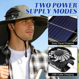 Solar-Powered Dual-Fan Sun Hat – UPF 50+ Wide-Brim Outdoor Hat with 2 USB/Solar Rechargeable Fans, Adjustable Strap, Breathable Mesh, for Fishing, Hiking, Beach & Gardening; Unisex Cooling Cap with 800mAh Battery (Grey)