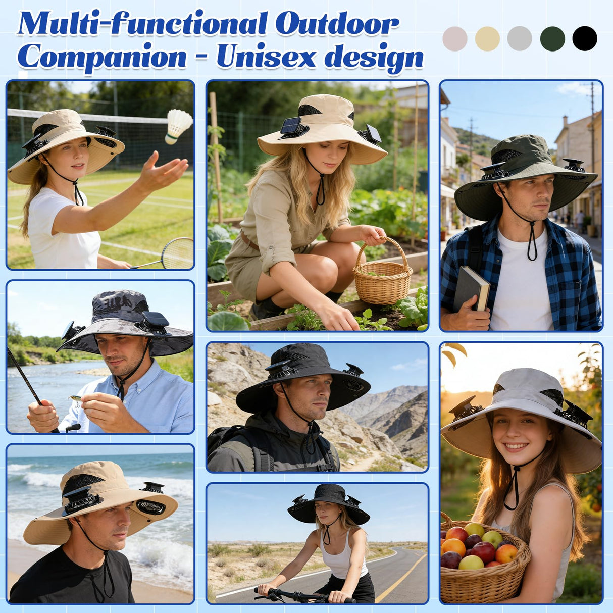 Solar-Powered Dual-Fan Sun Hat – UPF 50+ Wide-Brim Outdoor Hat with 2 USB/Solar Rechargeable Fans, Adjustable Strap, Breathable Mesh, for Fishing, Hiking, Beach & Gardening; Unisex Cooling Cap with 800mAh Battery (Grey)