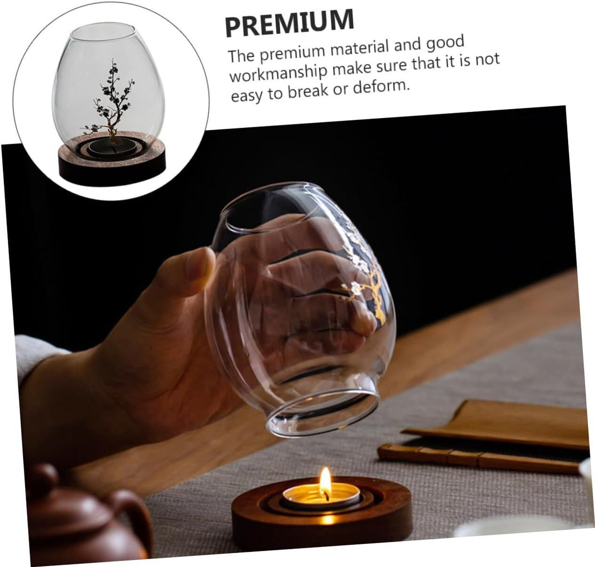 Chinese-Style Glass Candle Holder with Plum Blossom Design: 12×8cm, Windproof, Retro Zen Decor for Romantic Dinners & Home Ambiance