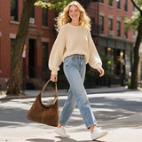 Leather Hobo Bags for Women Brown Purses Suede Purse Slouchy Tote Bag Suede Tote Bag Fall Winter Purses Handbag - Side View