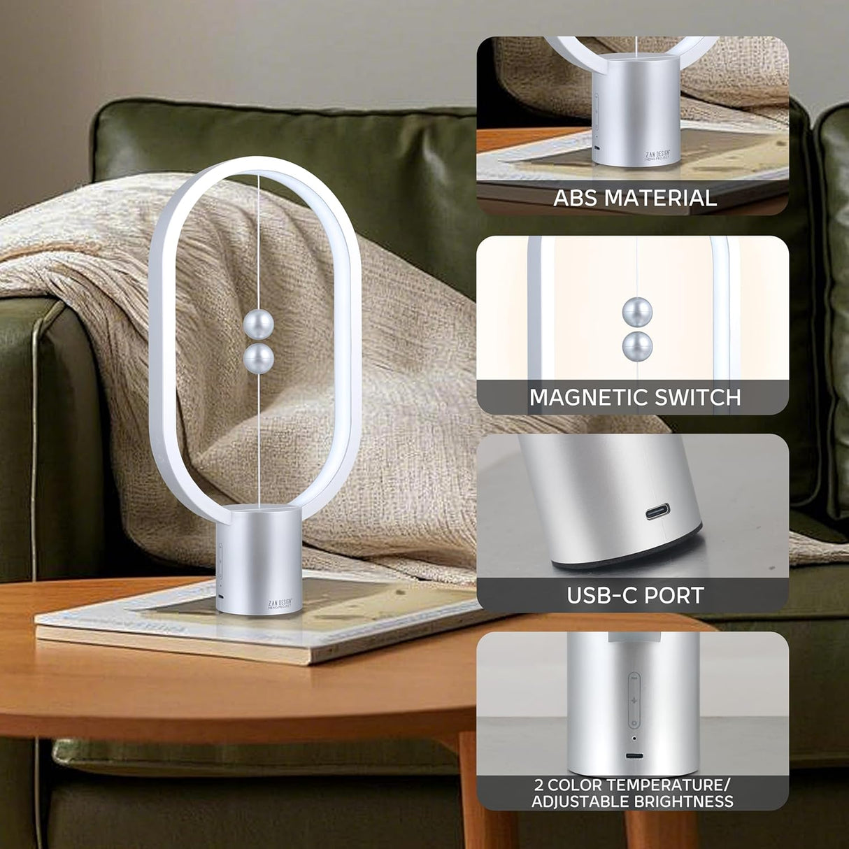 Silver Magnetic Balance LED Table Lamp: USB-Powered, Dimmable Eye-Care Light with Award-Winning Design for Australian Homes & Offices
