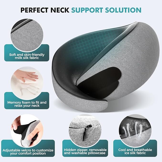 Travel Neck Pillows for Airplanes - 360° Ergonomic Memory Foam Travel Pillow - Relief Neck Pain with Breathable Support for Long Flights, Car, Train & Office Use - Adults & Kids
