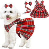 pet products Dog Dress Bowknot Harness Leash Set for Small Dogs Girl Cute Plaid Dog Dress Pearls Bow Tie Spring Summer Princess Clothes Birthday Holiday Doggie Outfits for Puppy Cats Girl Apparel - Rear View