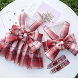 pet products Dog Dress Bowknot Harness Leash Set for Small Dogs Girl Cute Plaid Dog Dress Pearls Bow Tie Spring Summer Princess Clothes Birthday Holiday Doggie Outfits for Puppy Cats Girl Apparel - Close-Up Angle