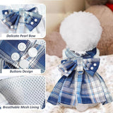 pet products Dog Dress Bowknot Harness Leash Set for Small Dogs Girl Cute Plaid Dog Dress Pearls Bow Tie Spring Summer Princess Clothes Birthday Holiday Doggie Outfits for Puppy Cats Girl Apparel - Top-Down View