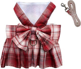 pet products Dog Dress Bowknot Harness Leash Set for Small Dogs Girl Cute Plaid Dog Dress Pearls Bow Tie Spring Summer Princess Clothes Birthday Holiday Doggie Outfits for Puppy Cats Girl Apparel - Side View