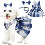 pet products Dog Dress Bowknot Harness Leash Set for Small Dogs Girl Cute Plaid Dog Dress Pearls Bow Tie Spring Summer Princess Clothes Birthday Holiday Doggie Outfits for Puppy Cats Girl Apparel - Close-Up Angle
