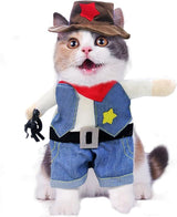 pet products Small Dog Cowboy Costume with Hat 2pcs Funny Halloween Chucky Costumes Cool West Cowboy Uniform Puppy Denim Overalls Western Cosplay Sheriff Outfits Cat Apparel