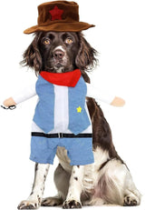 pet products Small Dog Cowboy Costume with Hat 2pcs Funny Halloween Chucky Costumes Cool West Cowboy Uniform Puppy Denim Overalls Western Cosplay Sheriff Outfits Cat Apparel - Side View