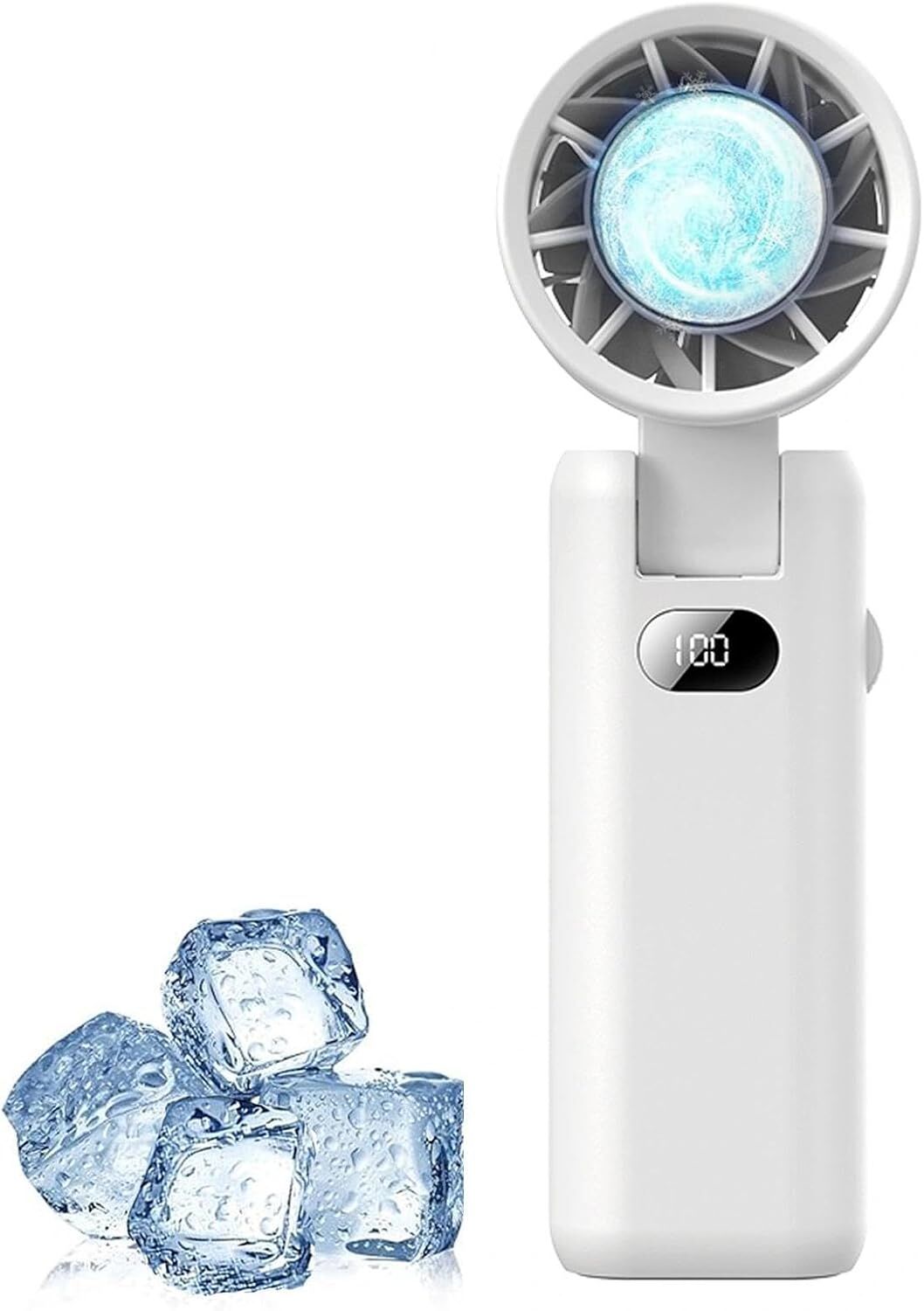 Portable Handheld Turbo Fan with Cooling Tech, Digital Display, 100-Speed Control, Rechargeable 4-in-1 Personal Fan for Travel, Outdoor, Office (White