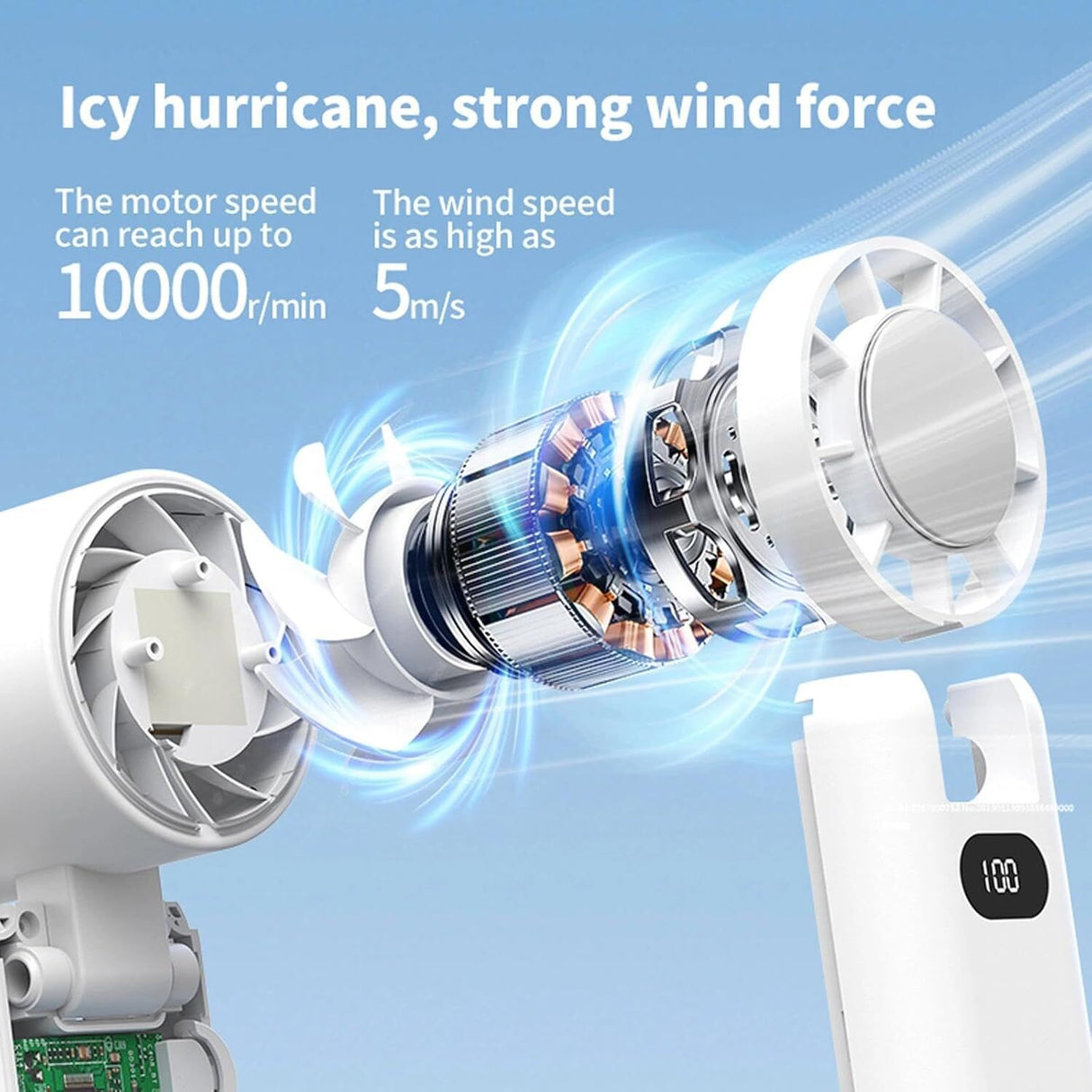Portable Handheld Turbo Fan with Cooling Tech, Digital Display, 100-Speed Control, Rechargeable 4-in-1 Personal Fan for Travel, Outdoor, Office (White