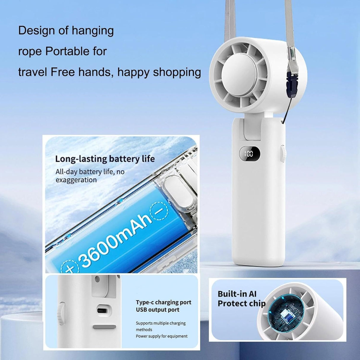 Portable Handheld Turbo Fan with Cooling Tech, Digital Display, 100-Speed Control, Rechargeable 4-in-1 Personal Fan for Travel, Outdoor, Office (White