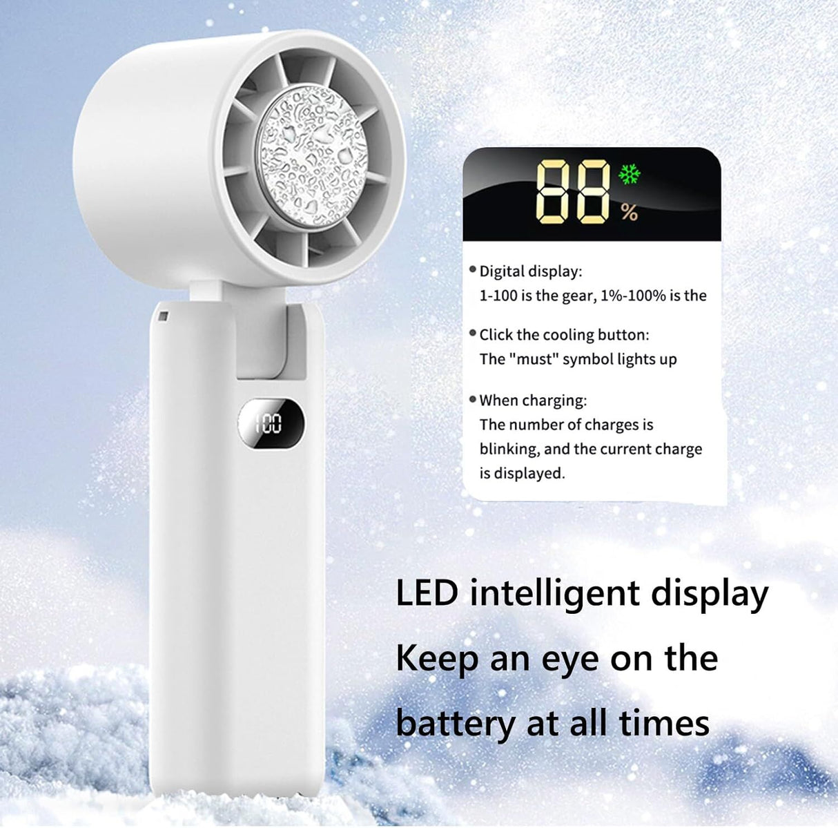 Portable Handheld Turbo Fan with Cooling Tech, Digital Display, 100-Speed Control, Rechargeable 4-in-1 Personal Fan for Travel, Outdoor, Office (White
