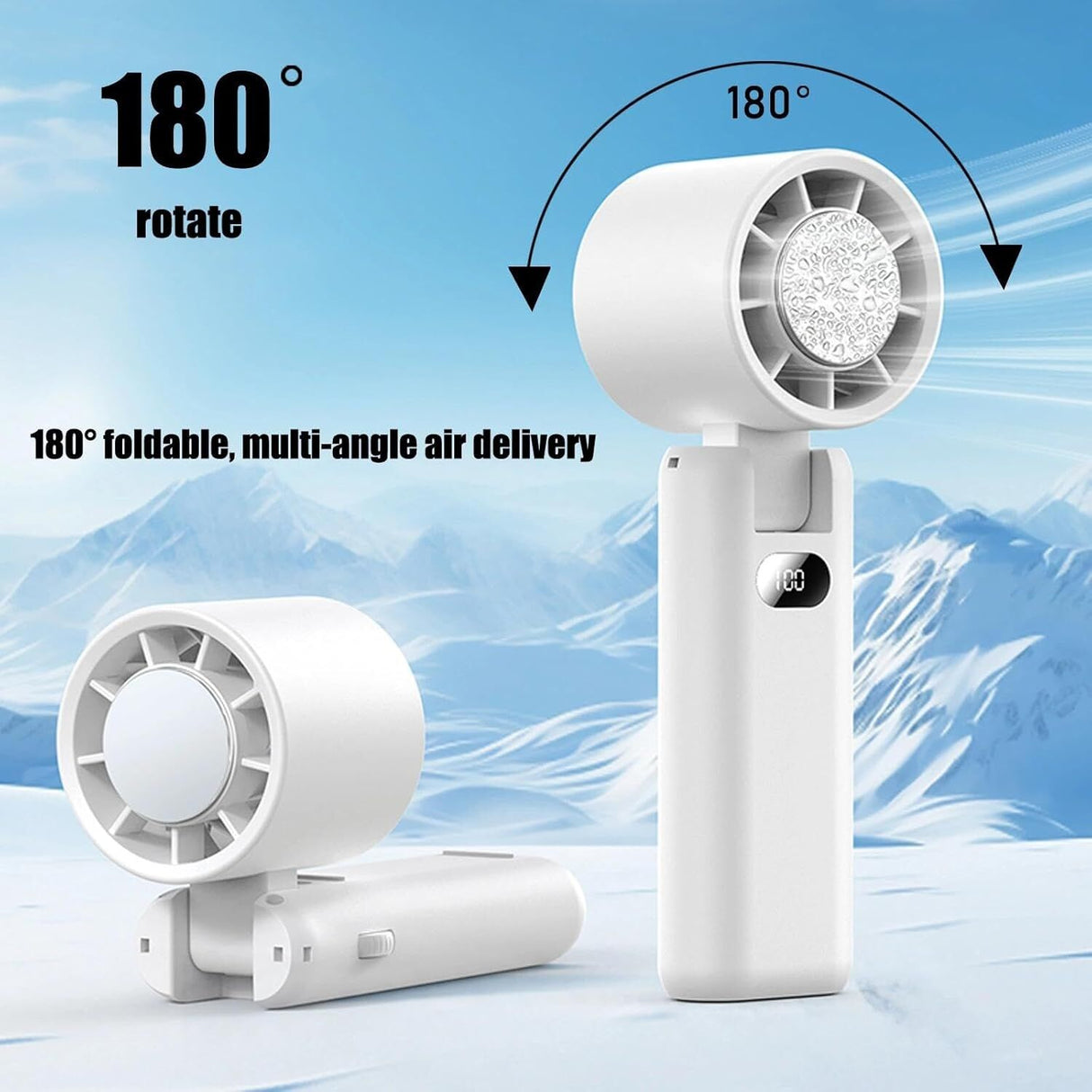 Portable Handheld Turbo Fan with Cooling Tech, Digital Display, 100-Speed Control, Rechargeable 4-in-1 Personal Fan for Travel, Outdoor, Office (White