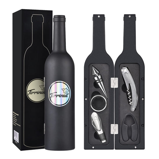 Wine Accessories Gift Set (Black), 5-Piece Bottle Corkscrew Opener Kit with Novelty Bottle-Shaped Case, Valentine's Day Gift for Wine Lovers