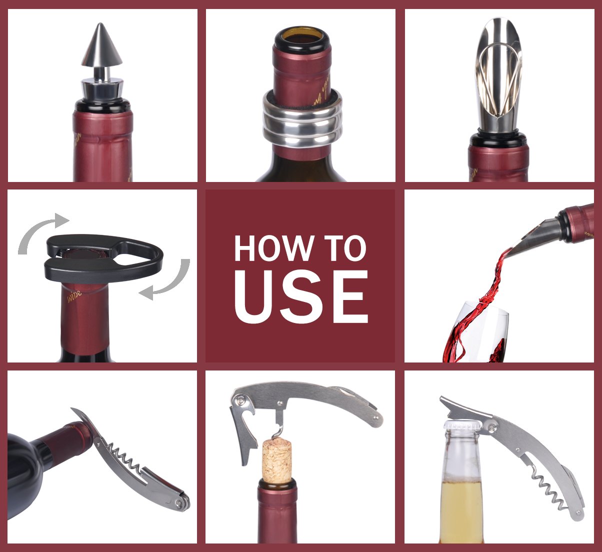 Wine Accessories Gift Set (Black), 5-Piece Bottle Corkscrew Opener Kit with Novelty Bottle-Shaped Case, Valentine's Day Gift for Wine Lovers
