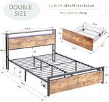 Double Bed Frame with Storage, Industrial Bed with Led Lights Headboard and 2 Drawers, Wooden Bed Frames with Charging Station, Noise Free, No Box Spring Needed, Easy Assembly, Rustic Brown - Front View